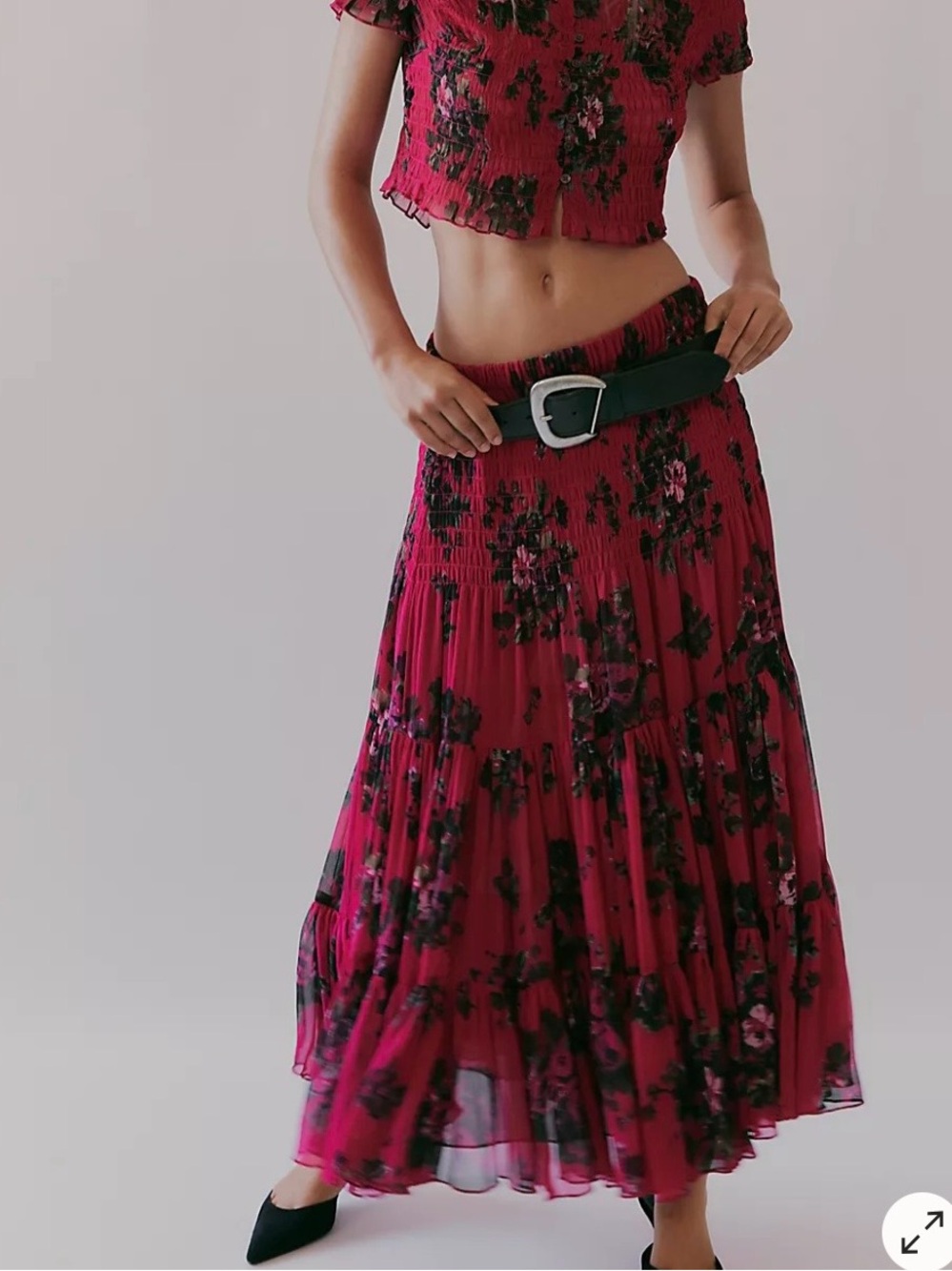 Free People Pink Floral Smocked Tiered Midi Skirt L NWOT